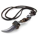 Jonline24h Mens Adjustable Tribal Wolf Tooth Pendant Leather Necklace Chain, Brown Silver