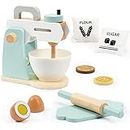 Play Kitchen Accessories, Frogprin Wooden Toy Mixer Set, Pretend Play Food Sets for Kids Kitchen - Includes Extra Egg, Rolling Pin, Cookies, Sugar, Flour