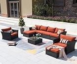 OMCCO 7 Pieces Patio Furniture Set, PE Rattan Outdoor Furniture Sofa Set, Wicker Patio Conversation Set with Cushions, Coffee Table & Waterproof Sofa Set(Black & Orange)