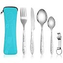 Vicloon Cutlery Set with Portable Pouch Case, 5PCS Stainless Steel Flatware Set with Bottle Opener, Travel Cutlery Set Spoon Knife and Fork for Camping Picnic Office School Lunch (Blue)