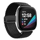 XMUXI Nylon Watch Band Compatible with Fitbit Versa 4/Versa 3 Straps/Sense 2 /Fitbit Sense Strap for Women Men, Stretchy Magnet Braided Replacement Wristbands for Fitbit Watch Black