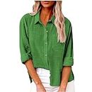 AMhomely Green Blouse for Women UK Elegant Button Down Blouse Long Sleeve Cotton Linen Blouse Lapel Oversized T Shirts Business Office Tee Tops Blouse Ladies Plus Size 8 10 12 14 16 18 20 22 Green M