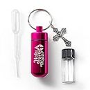 Catholic Holy Water Bottle, Pink Keychain Container Kit with Plastic Eyedropper and Small Glass Vial with Screw Top Metal Keyring Holder with Crucifix Cross Pendant, Botellas Para Agua Bendita