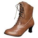 Boots for Women Mid Calf Victorian Boots Lace up Side Zipper Mid Heel Ankle Bootie 70s Vintage Knight Goth Leather Boots, Brown, 7