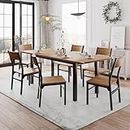 Feonase 63" Dining Table Set with 6 Chairs, 7-Piece Extendable Kitchen Table Set for 4-6, Mid-Century Modern Dining Room Table for Small Space, Heavy-Duty Metal Frame, Walnut
