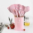 Klick n shop Silicone Kitchen Spatula and Utensils Spoon Set Cooking + Baking Set- 12 Pcs Non-Stick with Wooden Handle-BPA Free, Heat Resistant Item, Flexible Non Toxic Silicon Cookware Tools (Pink)