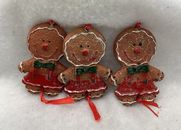 Trio Of Resin Gingerbread Christmas Ornaments 3 Boys In Suspenders Pre-owned