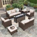 Patio Furniture Set Outdoor Wicker Rattan Sofa Conversation with/ Fire Pit Table