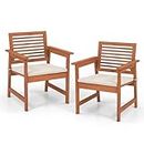 Tangkula Outdoor Dining Chairs Set of 2, Weather-Resistant Heavy Duty Slatted Wood Patio Chairs with Soft Padded Cushions, for Deck, Garden, Poolside, Balcony (2, Off White)