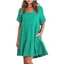 Plus Size Cotton-Blend V Neck Casual Short Sleeve Weaving Dress, Women's Summer Loose Tunic Flowy Solid Swing Dresses (L,Verdant)