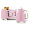 Salter COMBO-9192 Retro Kettle & Toaster Set – 1.7L Fast Boil Kettle With Removable Limescale Filter, 4-Slice Wide Slot Toaster for Thick Bread, High Lift Eject, Blue Indicator Lights, 3kW/1630W, Pink