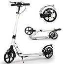 Adult Kick Scooter with Disc Handbrake, Foldable Adjustable Urban Scooter with Dual Suspension, 200mm Big Wheels for Kids Adults and Teens (White)