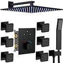 Thermostatic LED 12 Inch Shower System Wall Mount Rainfall Shower Head Bathroom Shower Faucet Set with Handheld Spray And 6 PCS Shut-off Body Jets Matte Black Can Use All Buttons at The Same GaZjU