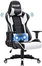 JUMMICO Massage Gaming Chair for Adults, Ergonomic Swivel Office Chair with Lumbar Support, Computer Chairs Racing Desk Chair for Home Office, Height Adjustable Reclining PU Video Game Chairs, White