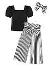 DONWEN Girls Clothes Size 6 7 Kids Clothes Square Neck Puff Short Sleeve Top + Striped Pants + Headband 3pcs Girls Outfit Set