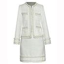 HEYDHSDC Designer Beading Plaid Tweed Suit Women Long Sleeve Hidden Breasted Jacket+Skirt Two Piece Set Autumn Winter White L