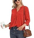 VIISHOW Womens Tops Casual Chiffon Blouses Tops 3/4 Sleeve V Neck Tunic Top Loose Shirt, Flower Wine Red, Small