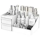 Makeup Desk Cosmetic Storage Box Organizer with Drawers for Dressing Table, Countertop, Bathroom Counter, Elegant Vanity Holder for Brushes, Eyeshadow, Lotions, Lipstick and Nail Polish (White)