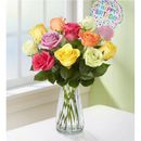 1-800-Flowers Flower Delivery Happy Birthday Assorted Roses 12-24 Stems, 12 Stems W/ Clear Vase | Same Day Delivery Available
