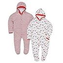 Appu Kids Front Open Full Sleeves Sleepsuit Hooded with Foot Easy Dressing and Diapering Romper Set of 2 (6-9 Months, Red)