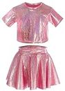 FEOYA Kids Sparkly Shirt with Shiny Skirt Jazz Top Girls Metallic T Shirts Ballet Tops Sets Dance Party Playwear 2 Pieces Red 12-13Y