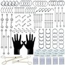 Tustrion 153Pcs Piercing Kit for all Body Piercings with Jewelry and Tools Nose Septum Belly Button Lip Ear Tongue Cartilage Eyebrow More 12G 14G 16G 20G Needles, Stainless Steel Silver