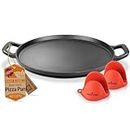 NutriChef 13-Inch Cast Iron Pizza Pan - Versatile Pre-Seasoned Round Cooking Griddle, Dosa Pan, Comal For Oven, Grill, Stove, and Campfires - Includes 2 Easy-Grip Heat Safe Silicone Handles