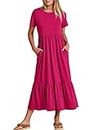 ANRABESS Women's Summer Casual Short Sleeve Crewneck Loose Swing Dress Flowy Comfy Tiered Maxi Beach Dress 2024 Trendy Long Shirt Dresses with Pockets727meihong-XL Rose