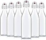 Swing Top Bottles 1 Liter (Pack) ROUND Clear Glass Grolsch Flip Top Bottle With Stopper, for Beverages, Smoothies, Kefir, Beer, Soda, Juicing, Kombucha, Water, Milk, Oil and Vinegar (4)