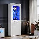 ELEGANT White Gloss Sideboards Cupboard Tall Display Cabinet Unit with LED Lights, 5-Tier Shelves Bookcase Furniture for Living Room Bedroom, H165xW60xD35cm