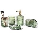 EMPO 6PCS Bathroom Glass Accessories Set (Lotion Soap Dispenser, Soap Dish, Toothbrush Holder, Tumbler, Cotton Swab Jar) Contemporary Modern Decor Crystal Clear Vintage Gift (6pcs Green)