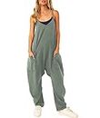 Beaufident Womens Casual Sleeveless Loose Solid Jumpsuits Baggy Stretchy Long Pant Romper Overalls with Pockets,Green,Small