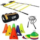 GRS ® Sports 6 Inch Cones Pack 6, 10 Space Markers, 4 Meter Ladder & Pencil Skipping Rope, Gym Bag Agility Combo (Multicolor)