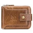 BULLCAPTAIN Genuine Leather Wallet for Men Large Capacity ID Window Card Case with Zip Coin Pocket QB-231 (Brown)