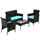 Patio Furniture Set,4 Pieces Outdoor Couch Patio Dining Conversation Set,Rattan Chairs Wicker Sofa with Tempered Glass Table for Porch,Backyard,Lawn,Pool(Blue)