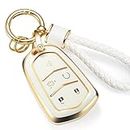 CTRINEWS for Cadillac Key Fob Cover with Metal Braided Rope Keychain for Cadillac Accessories, Upgraded Soft Key Case for 2015-2019 Cadillac Escalade CTS SRX XT5 ATS STS CT6 (Gold Edge)