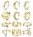 Kakonia 12PCS Gold Chunky Rings for Women, 18K Gold Plated Thick Rings, Stacking Open Rings Set Adjustable