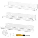 3 Pack Acrylic Wall Shelves, Self-Adhesive 15" Clear Floating Shelf Wall Mount, Invisible Kids Bookshelf, Display Storage Wall Ledge Shelves for Home Decoration and Organization
