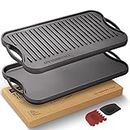 OVERMONT Pre-Seasoned Cast Iron Reversible Griddle Grill Pan with Handles for Gas Stovetop Open Fire Oven, 43.18 * 24.89CM (17x9.8) - One Tray, Scrapers Included