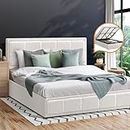 OIKITURE King Bed Frame King Size Gas Lift Platfrom Home Bedroom Furniture White Fabric