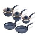 Tower T800232MNB Cavaletto 5 Piece Cookware Set with 16cm, 18cm, 20cm Saucepans and 24cm, 28cm Non-Stick Frying Pans, Midnight Blue & Rose Gold