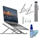 Sounce Adjustable Laptop Stand Combo with 3 in 1 100ml Cleaning Set & Cable Protector Spiral, Aluminum Foldable Ventilated Portable Holder for up to 15.6 inch Laptops, Mac (with Carry Pouch) - Grey