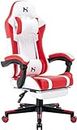 HLDIRECT Gaming Chair, Ergonomic Gaming Chairs for Adults, Video Game Chair with Footrest, Gamer Computer Chair with Highback Headrest and Lumbar Support, Swivel PU Leather Office Chair, White & Red