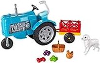 Barbie Tracteur Bleu pour Poupée avec Remorque, Figurines Chien et Poule, Un Panier et des Légumes, Jouet pour Enfant, GFF49