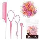 Hair Loop Styling Tool set with 500pcs Clear Small Rubber Elastics Hair Bands 1 Pcs Hair Band Cutter 1 Pcs Rat Tail Combs and 2pcs Braid Tool Loop for Hair Styling (Pink)