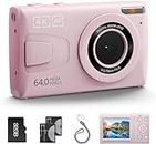 Digital Camera 64MP 4K Auto Focus Point and Shoot Video Camera with 32GB Card for Vlog, 18X Zoom, Compact Small Vintage Camera Gifts for Teens Students Boys Girls Kids Pink