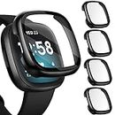 [4 Pack] iVoler Screen Protector Tempered Glass for Fitbit Sense/Versa 3, Hard PC case with Bumper Cover Sensitive Touch Full Coverage Protective Case for Sense/Versa 3 Smart Watch, Black