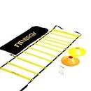 Speed and Agility Workout Ladder Training Equipment Set by F1TNERGY - Yellow 12 Rung Adjustable with Carrying Bag 10 Speed Cones (5 Orange 5 Yellow) 4 Pegs and D-Rings - Soccer Training Footbal