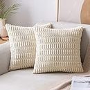 MIULEE Pack of 2 Corduroy Decorative Throw Pillow Covers 18x18 Inch Soft Boho Striped Pillow Covers Modern Farmhouse Home Decor for Spring Sofa Living Room Couch Bed Cream White