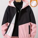 Girls Color Block Hooded Fleece Lined Windbreaker Jacket For Teen Kids Autumn And Winter (recommended 1 Size Up)